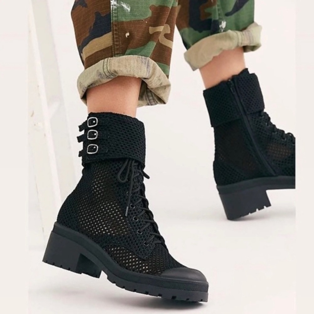 Jeffrey Campbell Ricki Hiker Mesh Lace Up Boots Black Combat Biker Size 7.5